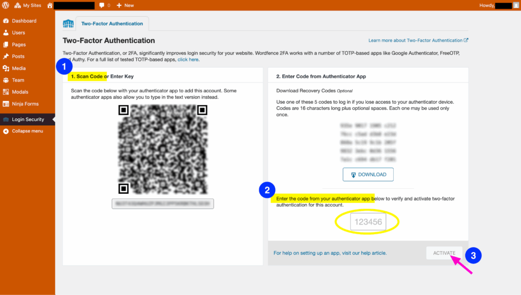 Screenshot of Login Security 2FA activation screen.